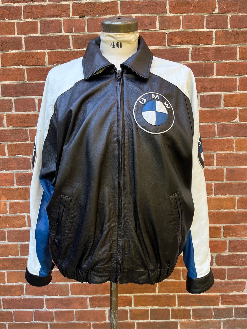 BMW Black, White & Blue Leather Bomber Jacket